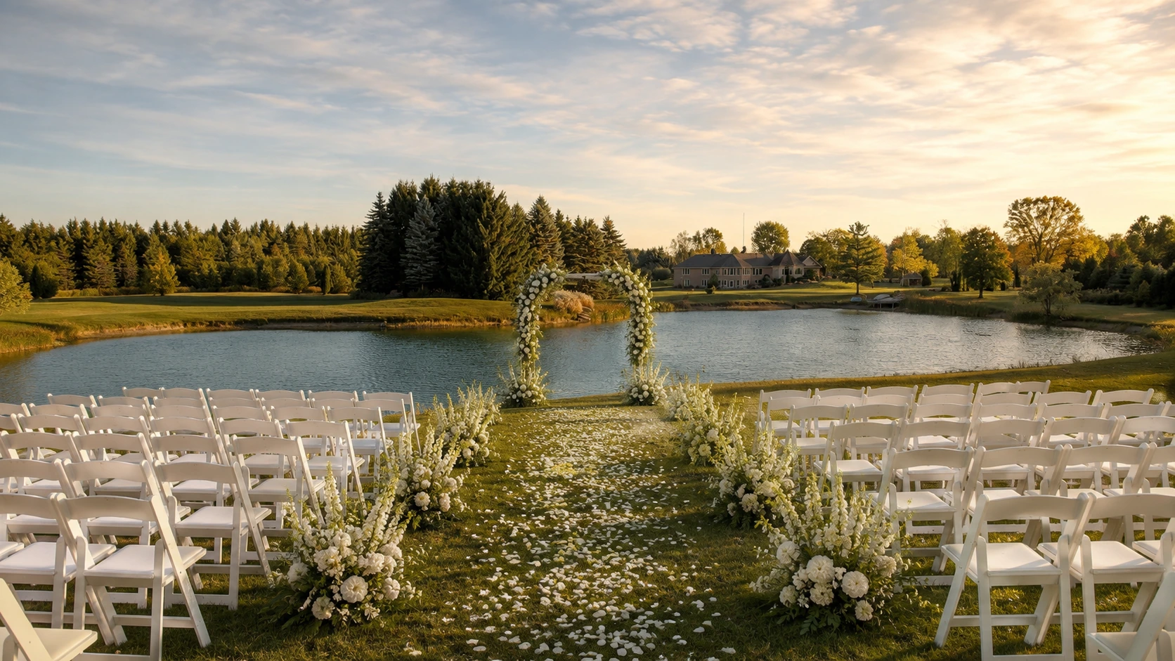 Empty lakeside wedding ceremony setup with white chairs and floral arch