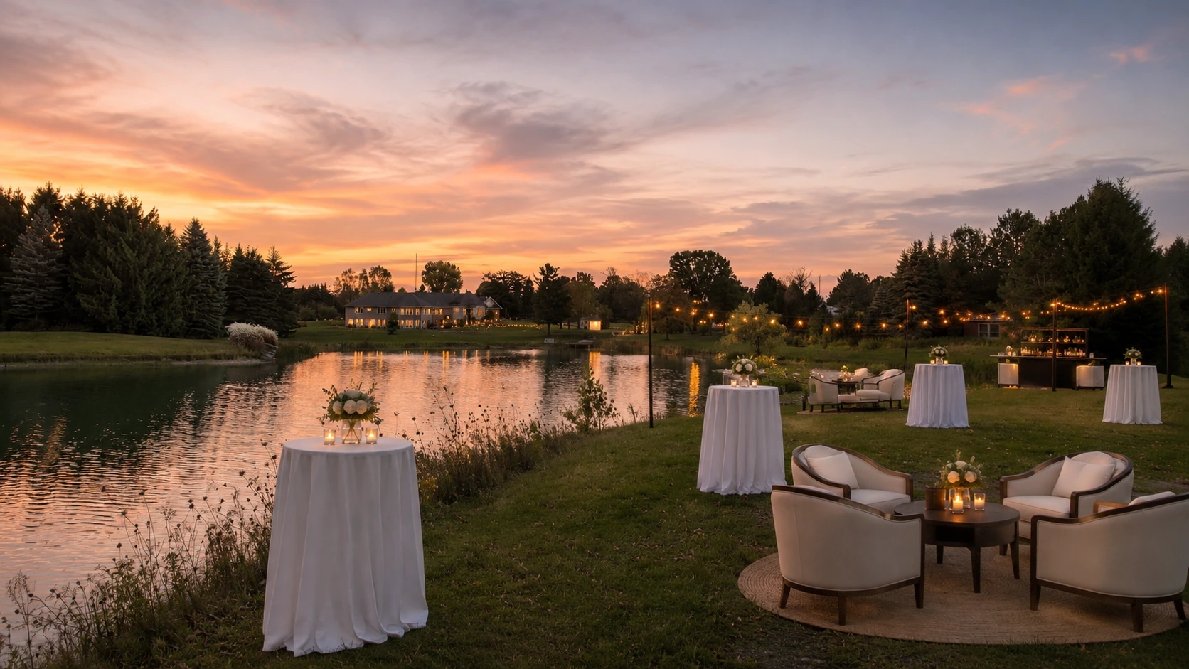 Empty sunset cocktail reception setup beside the pond